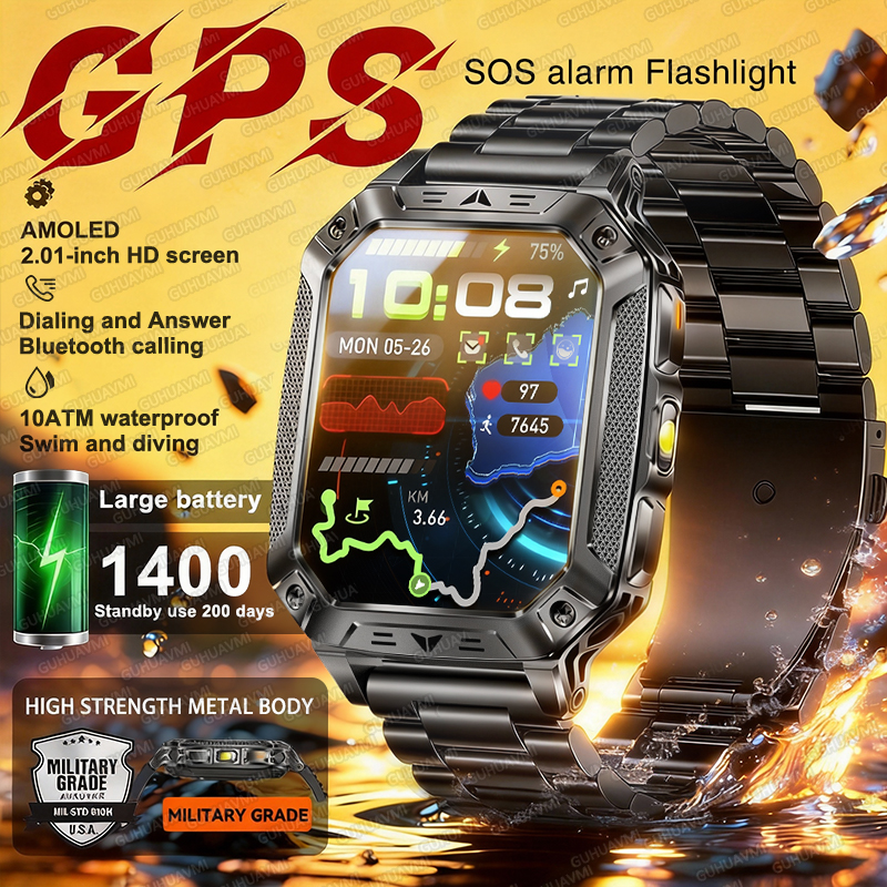 Smartwatch Rugged Watches For Men - 2026 New Military GPS Smart Watch